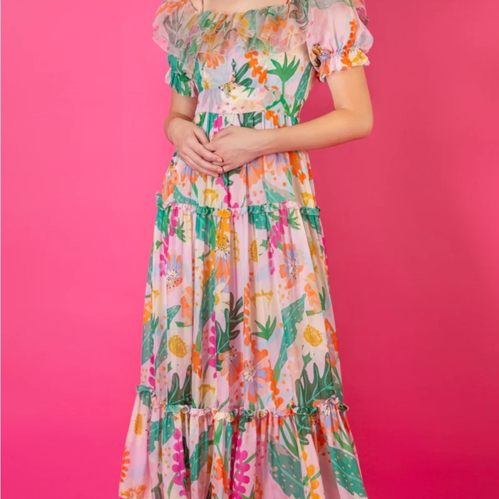 Jessie Liu Summer Floral Tiered Silk Midi Dress Size Medium - Picture 3 of 12